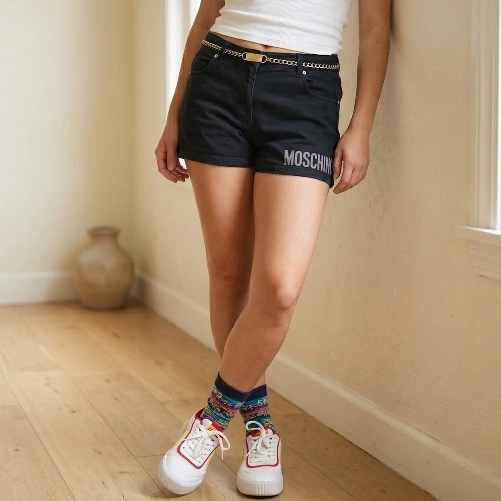 Moschino Teen Shorts Girls‎ 14 Black Logo Print Denim Designer Streetwear Casual